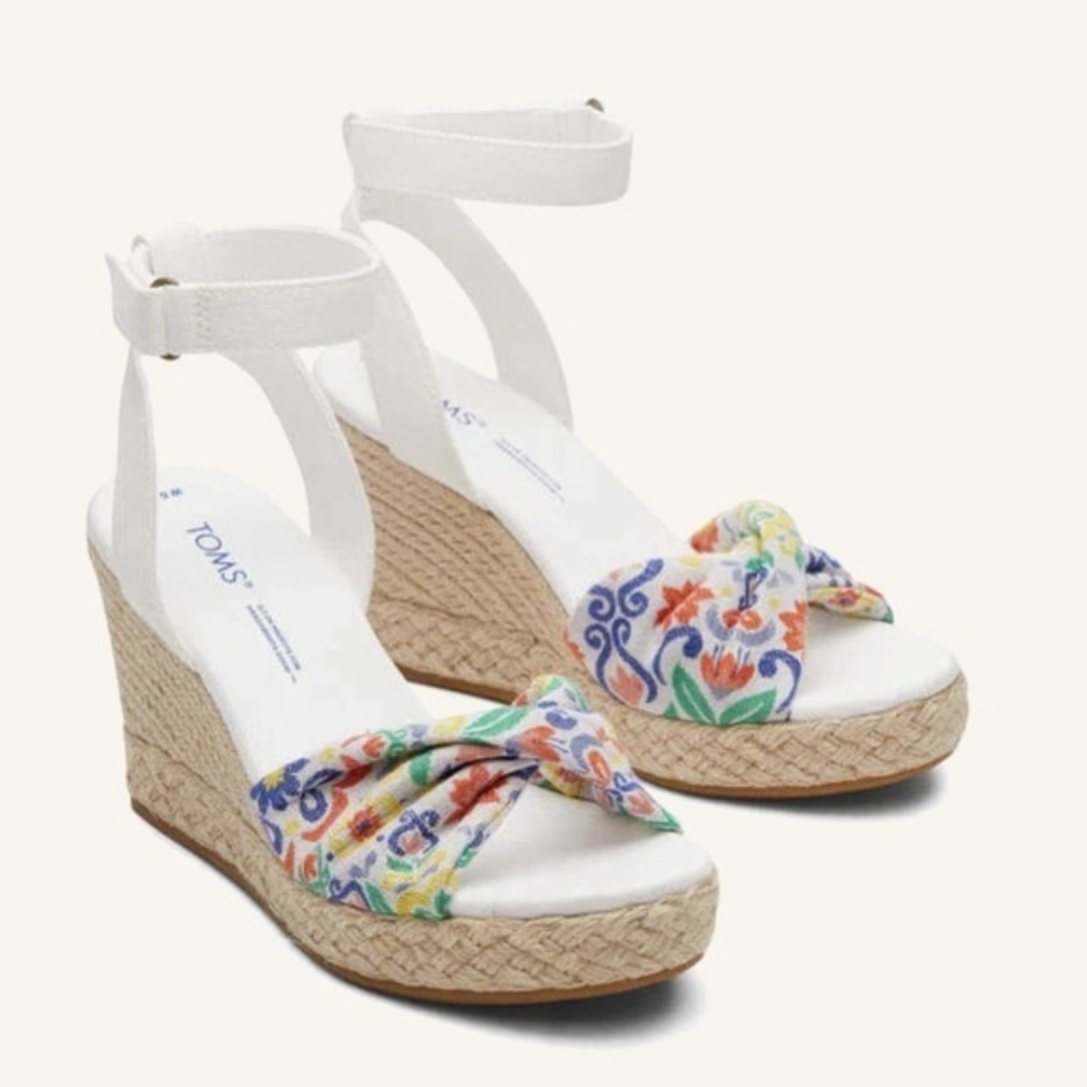 TOMS New Marisela Wedge Sandal Floral White Size 9 Spring